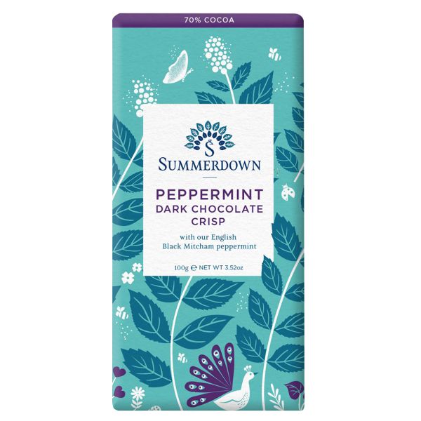 Summerdown Peppermint Dark Chocolate Crisp, Dunkle Schokolade mit Pfefferminzöl und Zuckerperlen, 100g